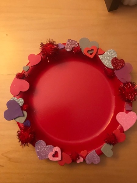 Valentine's Day Hanging Picture Frame - heart stickers and pom poms finished, including a second layer of hearts