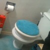A toilet with a blue toilet seat cover.