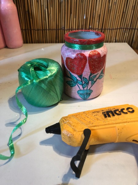 Valentine Gift Jar - glue raffia around the neck of the jar