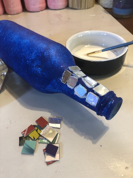 Mirrored Mosaic Flower Vase - glueing squares of CD on the bottle, dry with a hair dryer