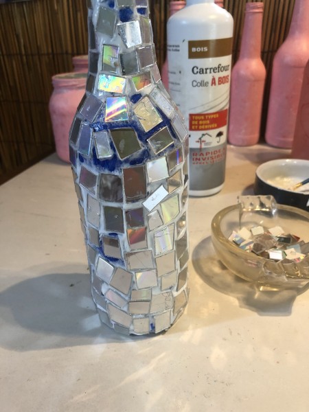 Mirrored Mosaic Flower Vase - bottle covered with CD squares