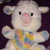 Identifying a Stuffed Toy -stuffed lamb with mulitcolored pastel fabric on ears, feet, and tummy