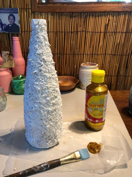 Recycled Eggshell Vase - ready to apply glitter gel with a wide brush