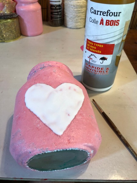 Valentine's Day Candy Jar - pink jar with glue filling the heart shape