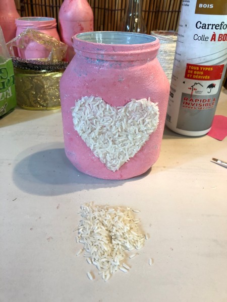 Valentine's Day Candy Jar - heart shape covered with dry rice