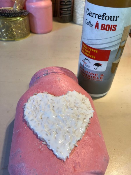 Valentine's Day Candy Jar - after pushing rice down into the glue allowing to dry