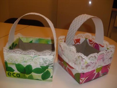 Two colorful Easter baskets made from recycled materials.