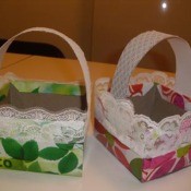 Two colorful Easter baskets made from recycled materials.