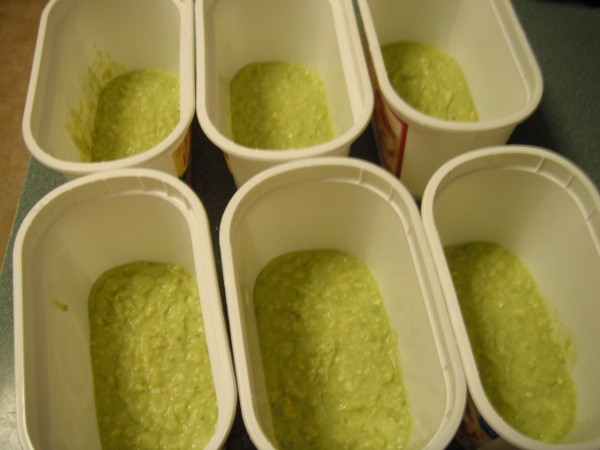 Guacamole frozen in plastic containers.