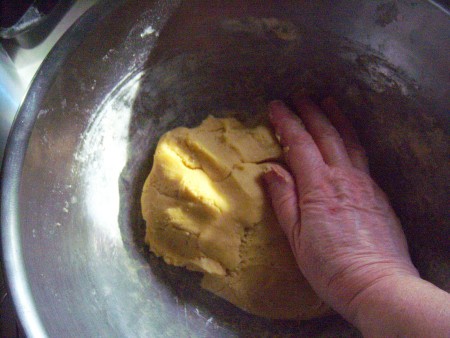 mixing dough with hand