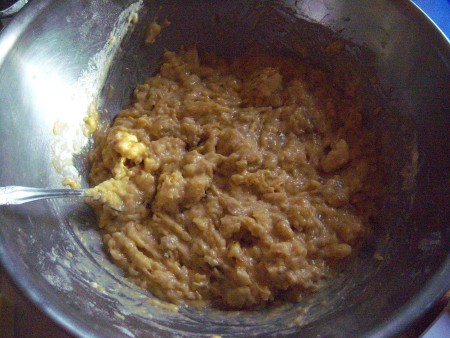 adding banana to batter