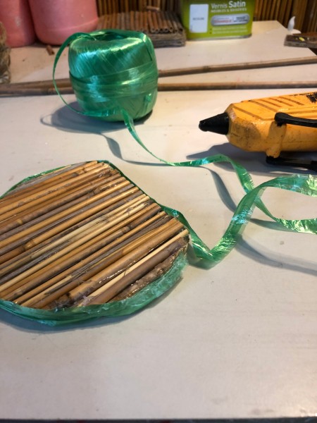 Bamboo Decorative Box - wrap raffia around the outside edge covering well and glue in place