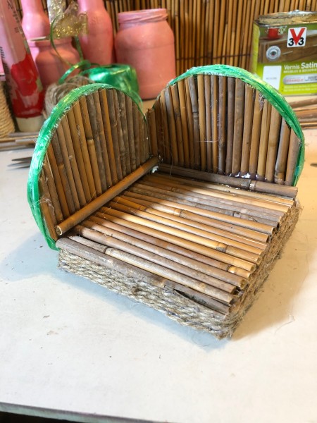 Bamboo Decorative Box - glue the bamboo covered CD panels to the jute around the base and glue the panels to each other