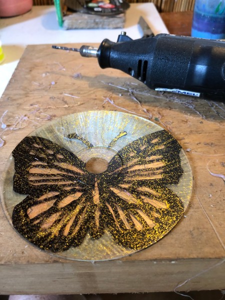 Golden Butterfly Suncatcher - drill a hole for the hanger