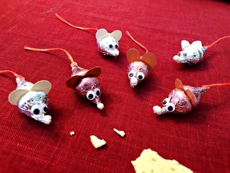 Making Hershey's Kiss Valentine Mice - several mice and a broken cracker