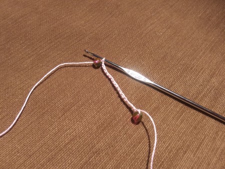 Crocheted Bead Necklace - chain 16 and slide another bead down and chain one, repeat to desired length