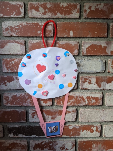 Hot Air Balloon Happy Valentine's Day Hanging Art - hanging on brick fireplace