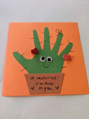 Valentine's Handprint Cactus Card - finished card with foam heart stickers added too