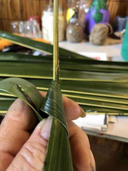 Making Woven Coconut Leaf Shrimp - pull leaf and adjust