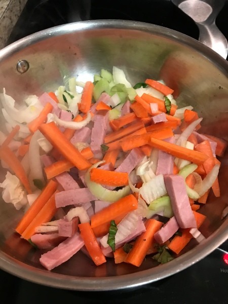 veggies & ham in pan