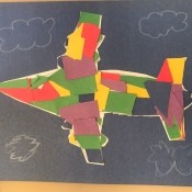 Paper Mosaic Art for Kids - mosaic plane on black paper with clouds drawn on