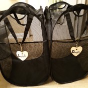 Two marked laundry hampers.