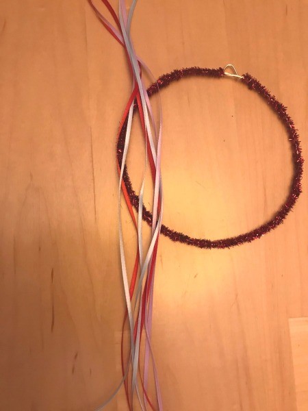 Valentine's Hanging Wall Decoration - pipe cleaner covered wire with several lengths of ribbon