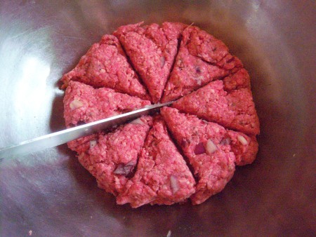 Dividing the patty into 8 even sections, cut like a pie.