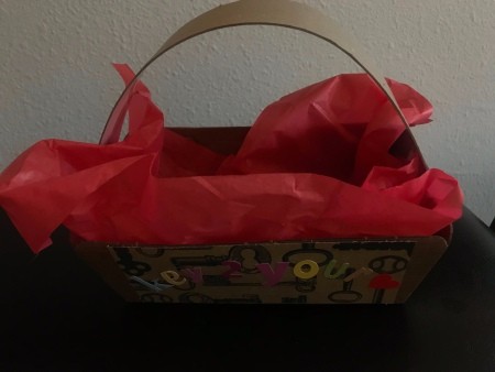 Valentine's Themed Gift Basket for Him - basket lined with tissue paper