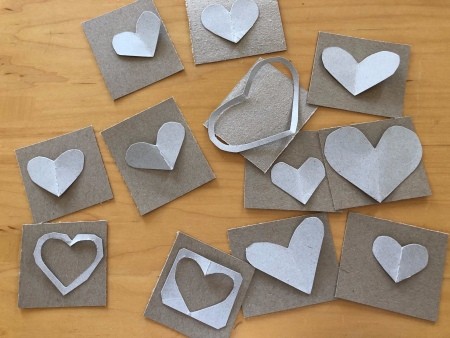 Handmade Valentine's Day Cards - hearts laying on the squares