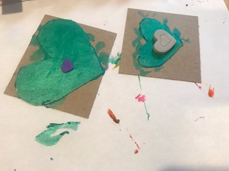 Handmade Valentine's Day Cards - heart shaped stickers added to center of the green hearts