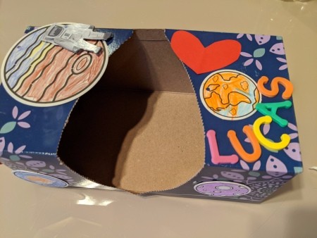 Space Valentine Box - name letters glued on one side of the top of box