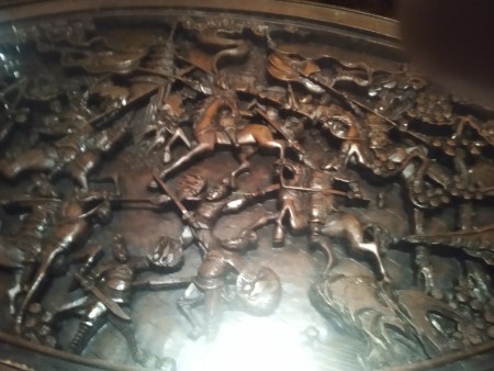 An intricately carved wooden table.