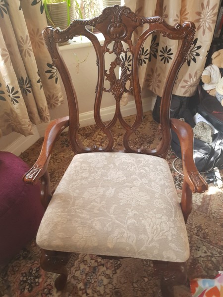 Identifying an Arm Chair - dining chair with ornate back and upholstered seat