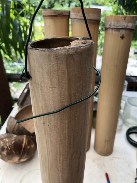 Bamboo & Coconut Shell Planters - wrap the wire around the bamboo to make a hanger