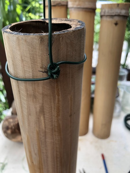 Bamboo & Coconut Shell Planters - wire cut and twisted to finish the hanger