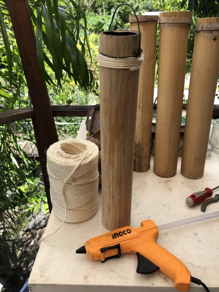Bamboo & Coconut Shell Planters - wrap jute around the bamboo and secure with wood glue