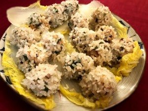 Sticky Rice Shumai on cabbage leaves plate