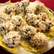 Sticky Rice Shumai on cabbage leaves plate