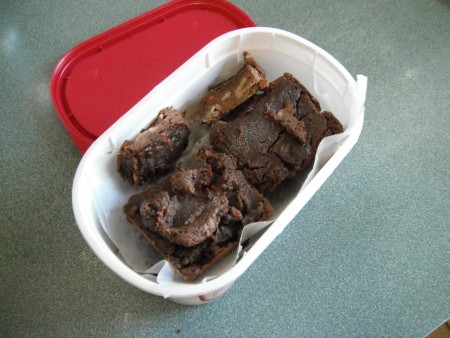 cut Avocado and Sweet Potato Brownies in container