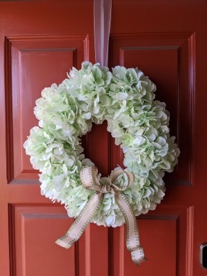 Making a Hydrangea Door Wreath - wreath hanging on the door