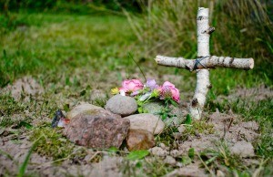 A pet's grave in a backyard.