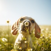 A puppy smelling a flower in a field.