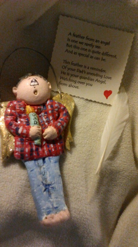 Memorial Angel Ornament - clay ornament of a man wearing a plaid shirt and jeans