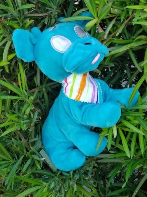 Identifying a Stuffed Animal - bright blue stuffed dog toy