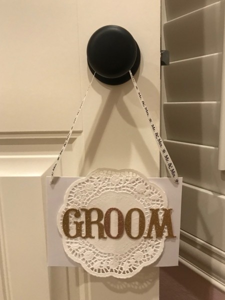 Bride and Groom Wedding Chair Signs - groom sign on a door knob