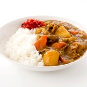 A plate of curry and rice.