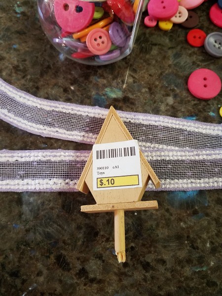 Repurposed Easter Wreath - buttons, length of ribbon and mini birdhouse