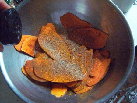 adding seasoning to Sweet Potato slices Toast