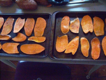 Sweet Potato slices on baking trays